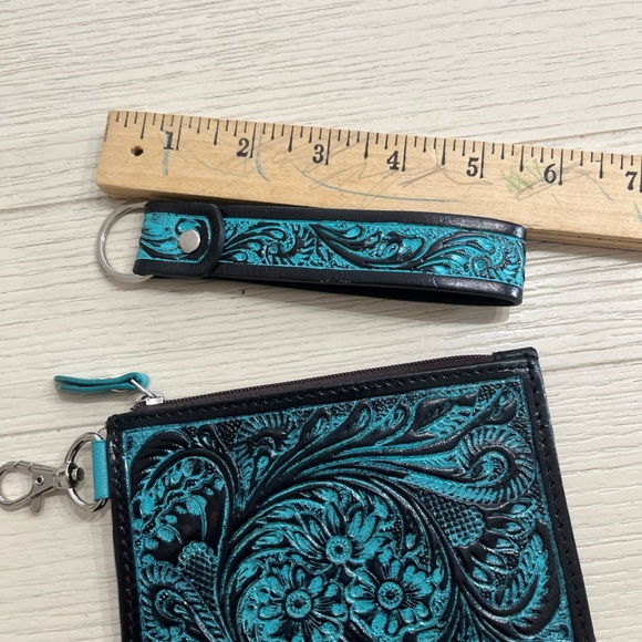 Unique Leather Card Wristlet Turquoise & Black Tooled Leather - Picture 8 of 8